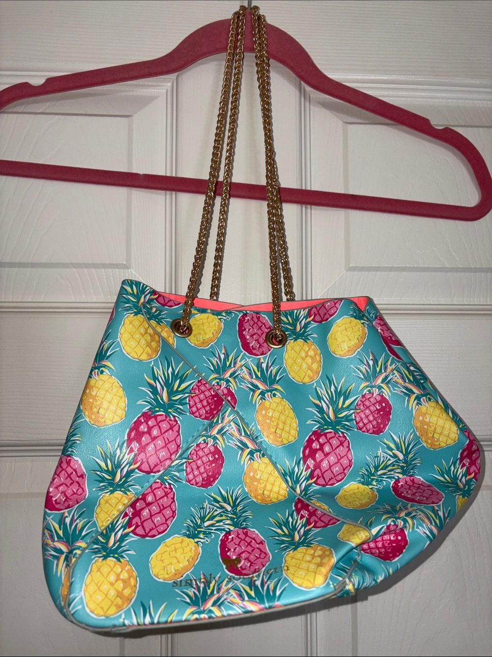 Simply Southern Bright Pineapple Print Tote Bag with Gold Chain Straps
